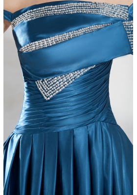 Teal Column Off the Shoulder long Beading Prom Dress