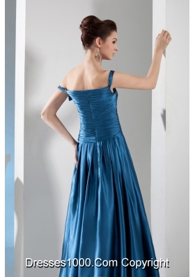 Teal Column Off the Shoulder long Beading Prom Dress