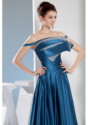 Teal Column Off the Shoulder long Beading Prom Dress