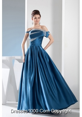 Teal Column Off the Shoulder long Beading Prom Dress