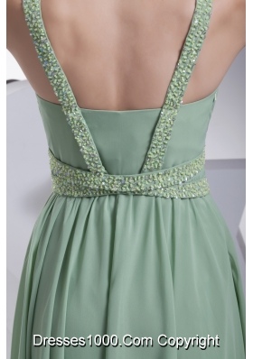 V-neck Beading Brush Train Apple Green Prom Dress