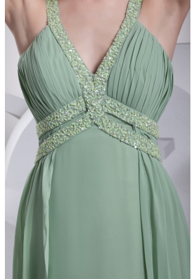 V-neck Beading Brush Train Apple Green Prom Dress