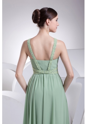 V-neck Beading Brush Train Apple Green Prom Dress