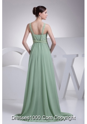 V-neck Beading Brush Train Apple Green Prom Dress