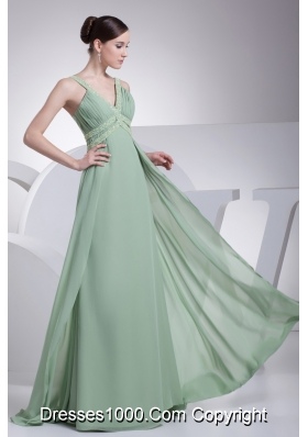 V-neck Beading Brush Train Apple Green Prom Dress