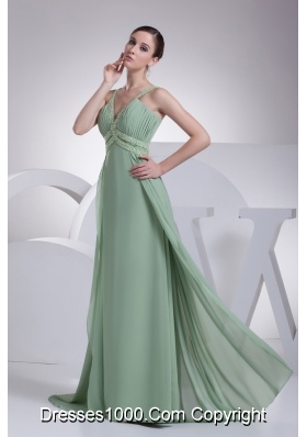 V-neck Beading Brush Train Apple Green Prom Dress