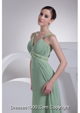 V-neck Beading Brush Train Apple Green Prom Dress