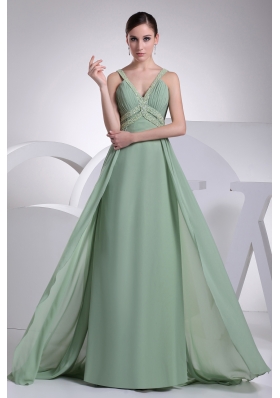 V-neck Beading Brush Train Apple Green Prom Dress
