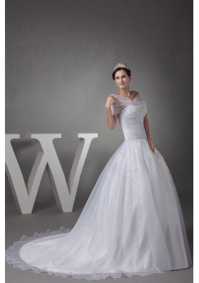 V-neck Court Train Appliques Ball Gown Wedding Dress