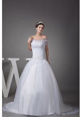 V-neck Court Train Appliques Ball Gown Wedding Dress