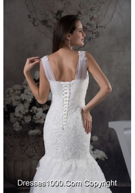 V-neck Mermaid Lace Brush Train Wedding Dress