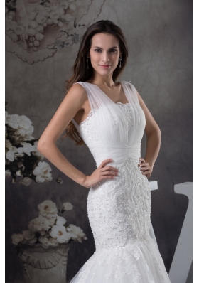 V-neck Mermaid Lace Brush Train Wedding Dress