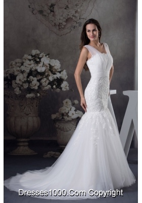 V-neck Mermaid Lace Brush Train Wedding Dress