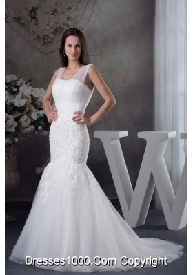 V-neck Mermaid Lace Brush Train Wedding Dress