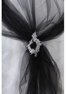 White and Black Appliques Ball Gown Strapless Chapel Train Wedding Dress