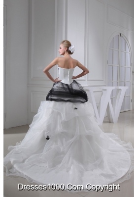 White and Black Appliques Ball Gown Strapless Chapel Train Wedding Dress