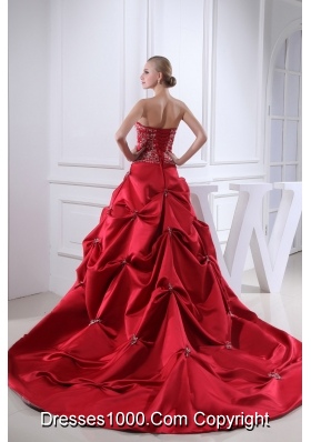 Wine Red Embroidery Pick-ups Chapel Train Ball Gown Wedding Dress