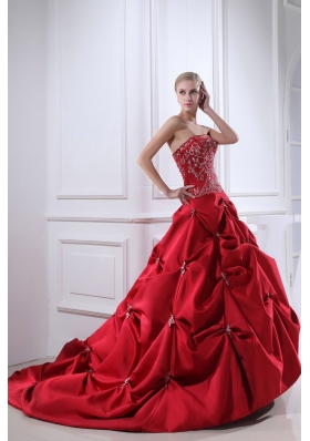 Wine Red Embroidery Pick-ups Chapel Train Ball Gown Wedding Dress