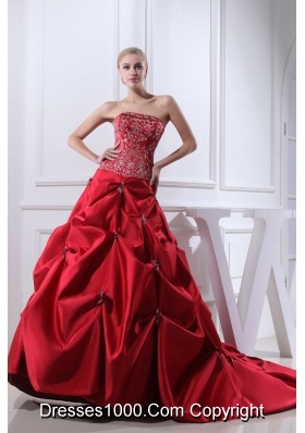 Wine Red Embroidery Pick-ups Chapel Train Ball Gown Wedding Dress