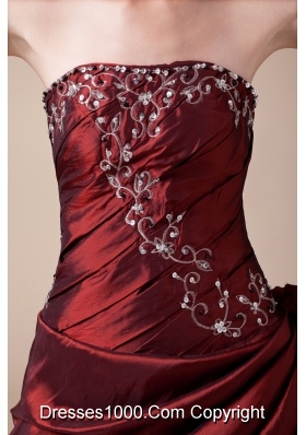 Wine Red Strapless Embroidery long A-line prom dress