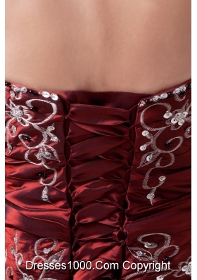 Wine Red Strapless Embroidery long A-line prom dress