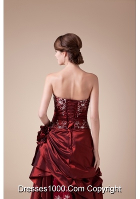 Wine Red Strapless Embroidery long A-line prom dress