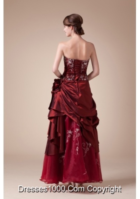 Wine Red Strapless Embroidery long A-line prom dress