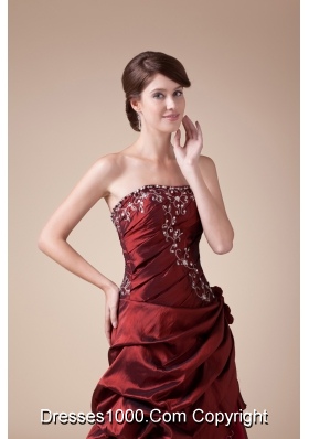 Wine Red Strapless Embroidery long A-line prom dress