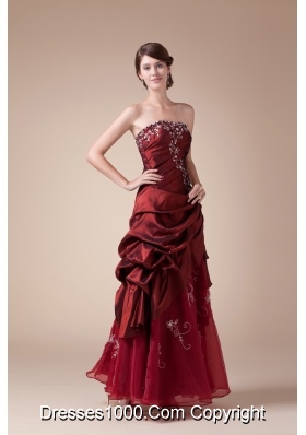 Wine Red Strapless Embroidery long A-line prom dress