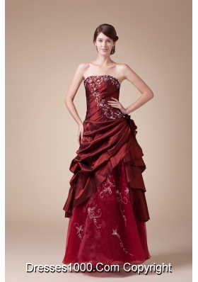 Wine Red Strapless Embroidery long A-line prom dress