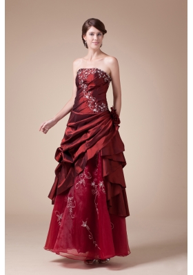 Wine Red Strapless Embroidery long A-line prom dress