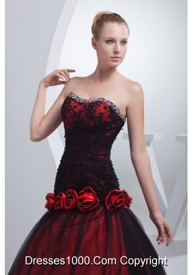 Wine Red Sweetheart Hand Made Flowers Beading Prom Dress