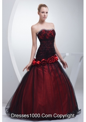 Wine Red Sweetheart Hand Made Flowers Beading Prom Dress