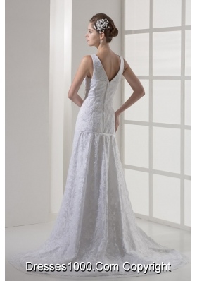 2013 Square Neck Lace Wedding Dress With Court Train