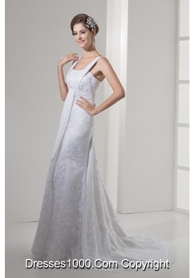 2013 Square Neck Lace Wedding Dress With Court Train