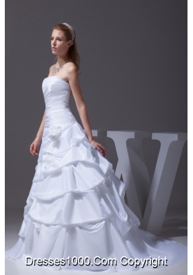 A-line Hand Made Flowers Pick-ups Strapless Wedding Dress