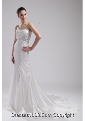 A-line One Shoulder Sequins Beading Wedding Dress