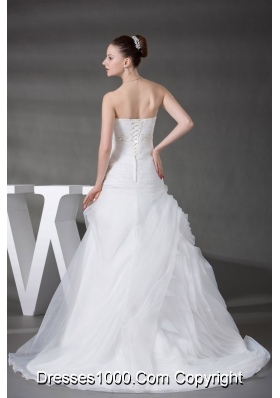 A-line Pick-ups Ruching Appliques Strapless Wedding Dress