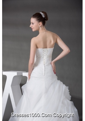 A-line Pick-ups Ruching Appliques Strapless Wedding Dress