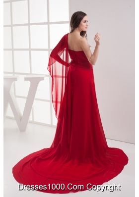 A-line Red One Shoulder Beading Chiffon Prom Dress