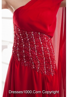 A-line Red One Shoulder Beading Chiffon Prom Dress