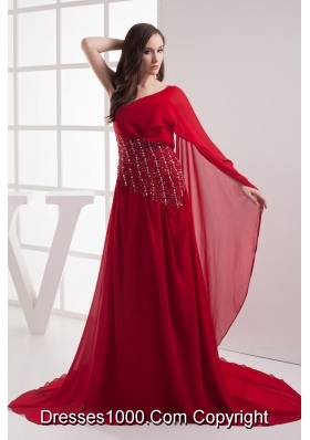 A-line Red One Shoulder Beading Chiffon Prom Dress