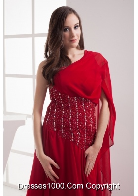 A-line Red One Shoulder Beading Chiffon Prom Dress