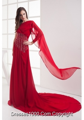 A-line Red One Shoulder Beading Chiffon Prom Dress