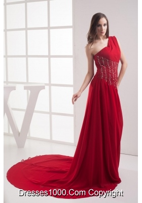 A-line Red One Shoulder Beading Chiffon Prom Dress