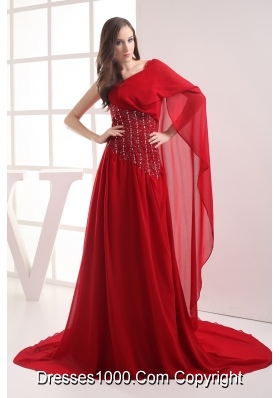 A-line Red One Shoulder Beading Chiffon Prom Dress