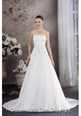 A-line Strapless Hand Made Flower Appliques Court Train Wedding Dress