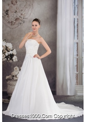 A-line Strapless Hand Made Flower Appliques Court Train Wedding Dress