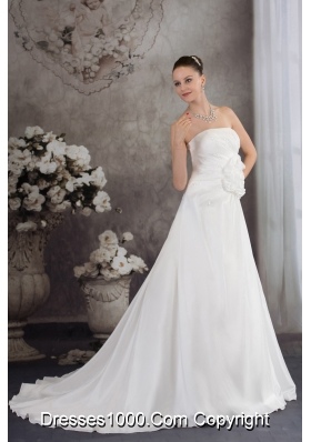 A-line Strapless Hand Made Flower Appliques Court Train Wedding Dress