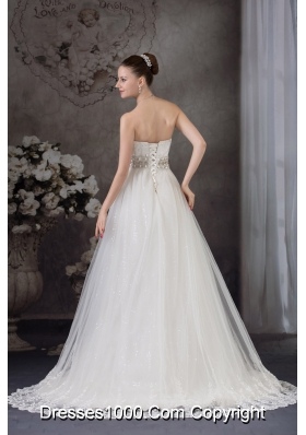 A-line Strapless Lace Beading Tulle Wedding Dress